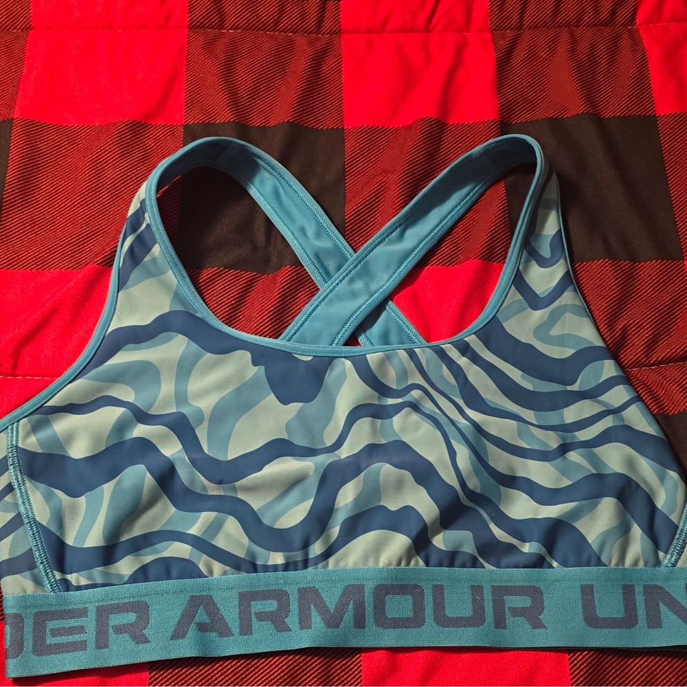 Under Armour Women's Compression Sports Bra Blue Abstract Crossback Wireless L